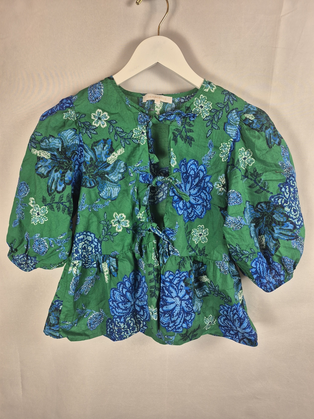 Olivaceous Emerald Green Blue Floral Tie-Front Puff Sleeve Blouse Size S